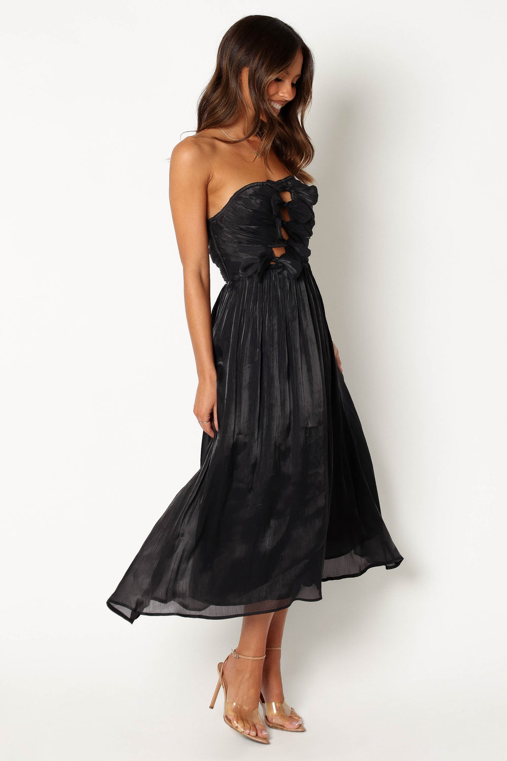 black strapless midi dress
